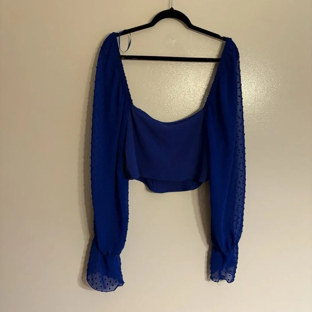 Urban Outfitters Women XXL Blue Puff Sleeve Cutout Mirabel Bustier Crop Blouse